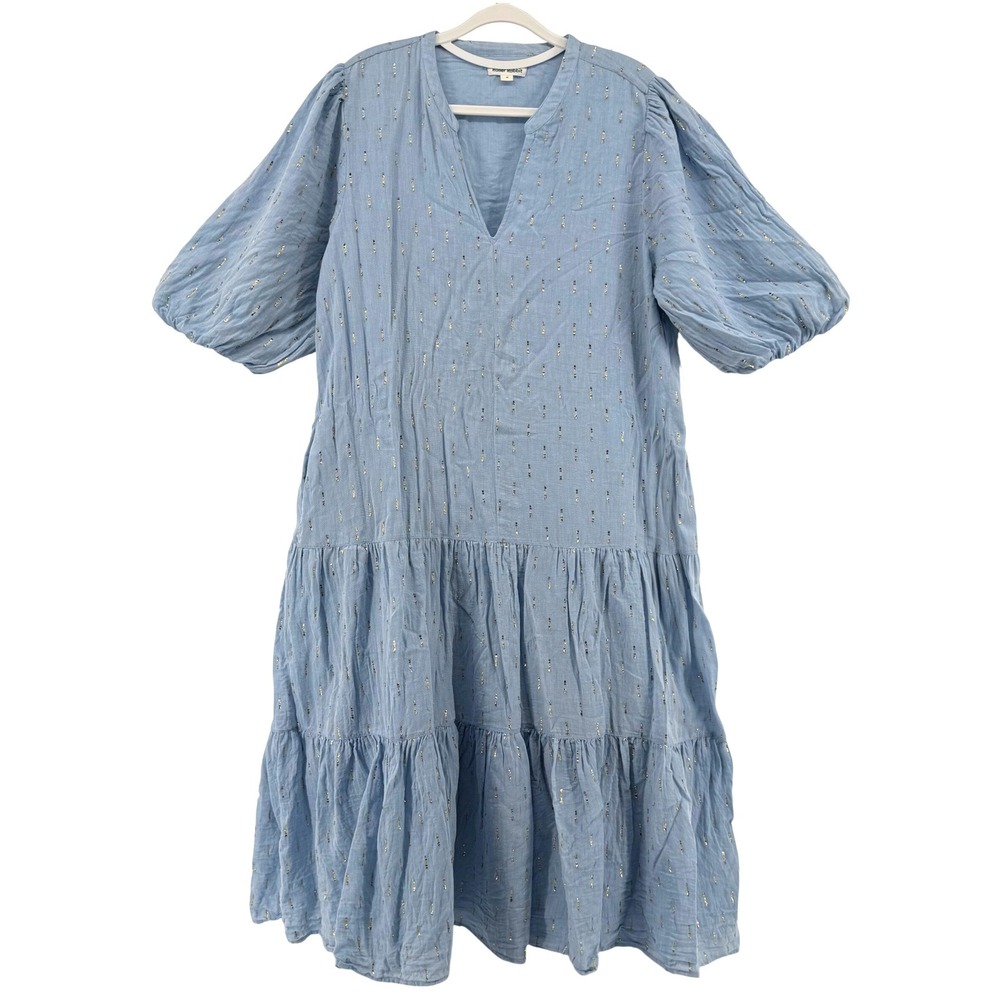 Roller Rabbit Womens M Blue Valonia Soft Gold Metallic Tiered Puff Sleeve Dress